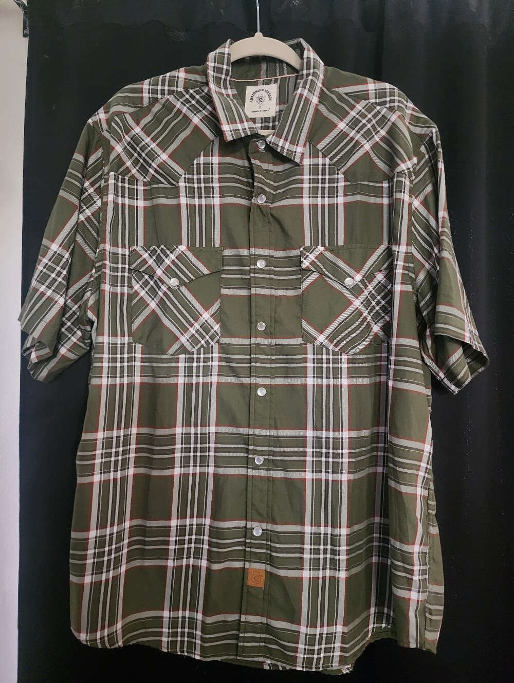 Men Dubinik Olive Green Plaid Short-Sleeve Button-Up Pearl Snap Shirt XL Western